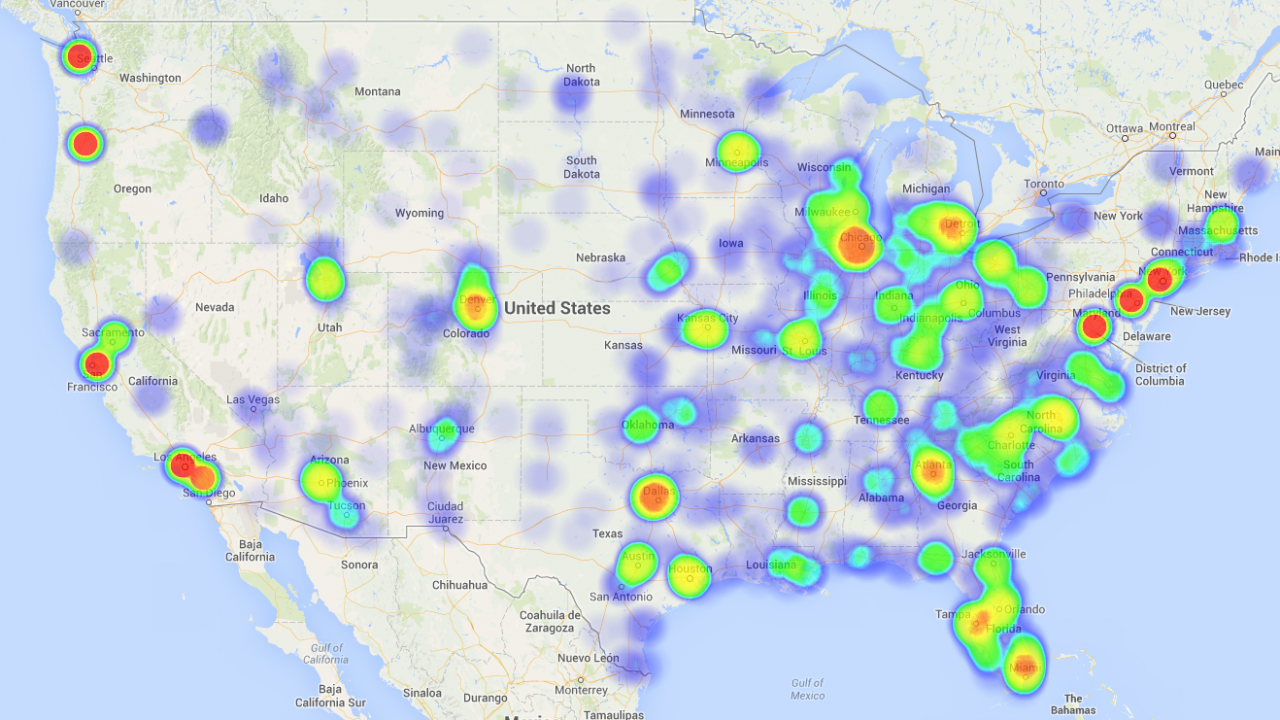 Heat map depicting relative volume of town hall participants by zip code