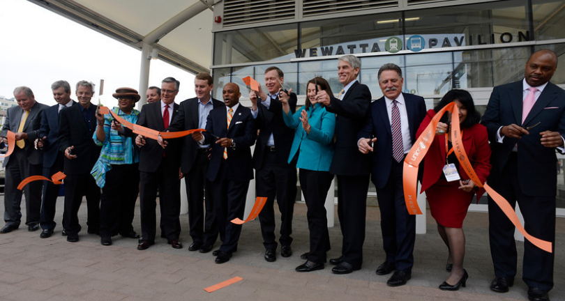 Photo of ribbon-cutting for Denver's Union Station; photo courtesy Denver Post, Andy Cross