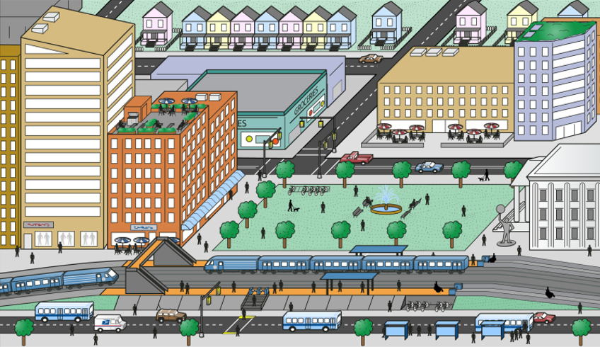 Graphical depiction of city with rail, park, businesses, offices, people walking