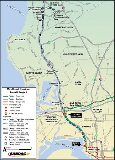 A map of the existing and proposed Mid-Coast Corridor