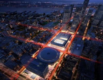 A rendering of an aerial view of the Moynihan Train Hall