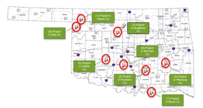 Map of Oklahoma with pin points to show eight projects and their locations