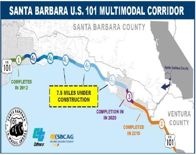Map of Highway 101 with highlights showing area under construction