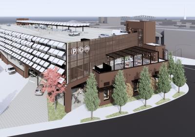 Rendering of a building with brick front and trees along the sidewalk.