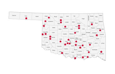 Map of Oklahoma with stars indicating where the projects are located