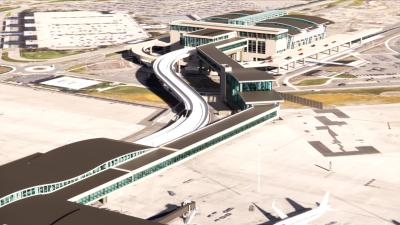 Rendering of aerial view of Sacramento Airport walkway facilities between concourses.