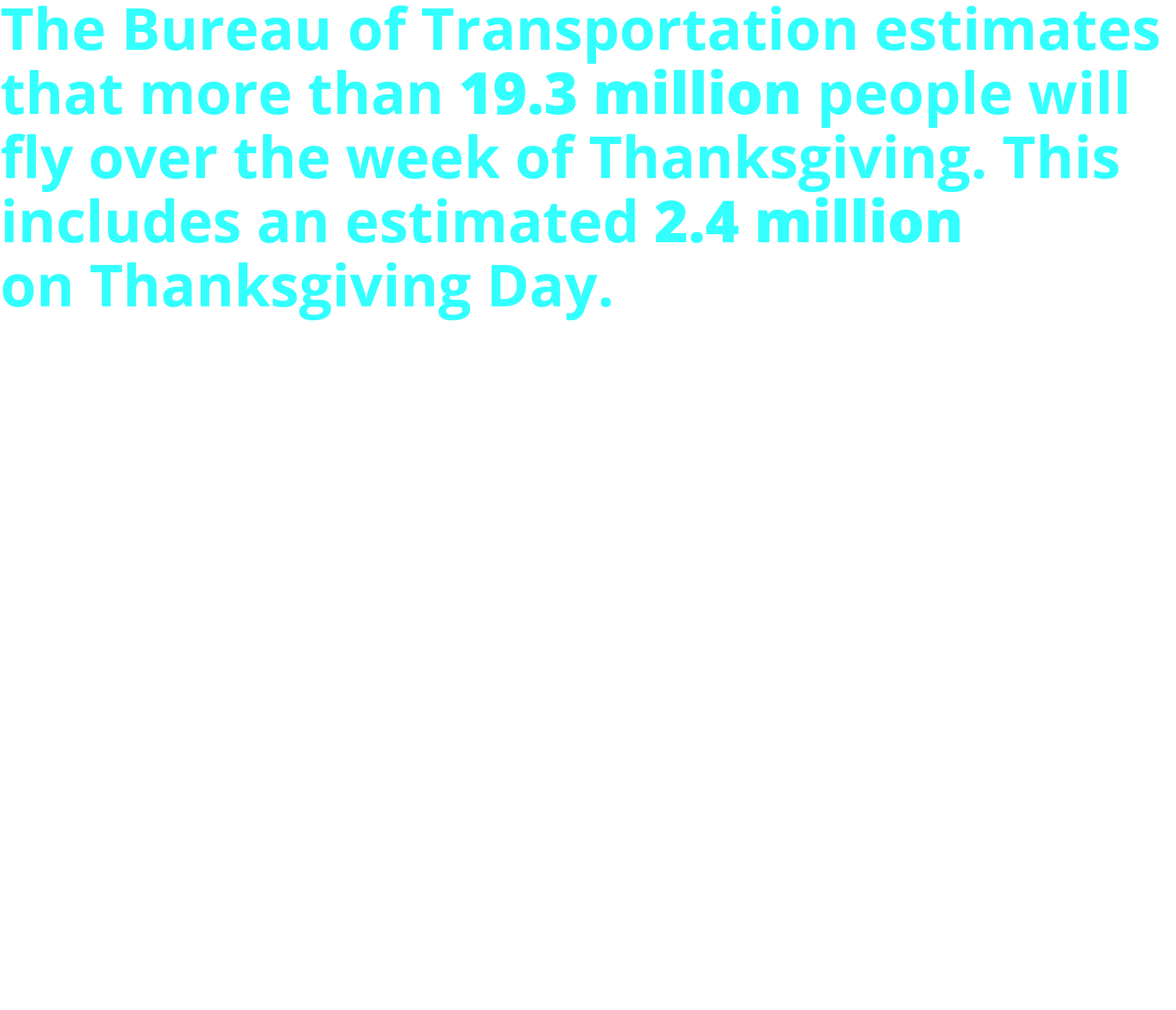 The Bureau of Transportation Statistics estimates that more than 19.3 million people will fly over the week of Thanksgiving. This includes an estimated 2.4 million on Thanksgiving Day. These estimates are based on data from 2021, 2022, 2023, and 2024. Sunday, November 26, 2023 was the most traveled day with more than 3.14 million actual enplanements of the four-year period. Thanksgiving Day 2024 was the busiest Thanksgiving Day of the four-year period with more than 2.93 million enplanements. Estimates are 