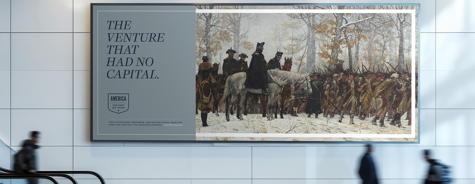 Oil painting of Washington and his troops on a poster in a subway.