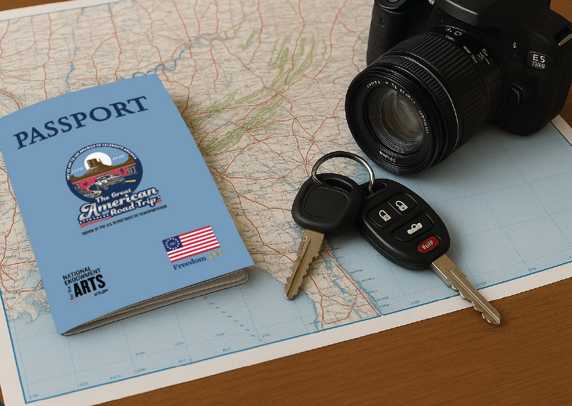 Keys, a camera, and a passport sitting on a map of the United States.