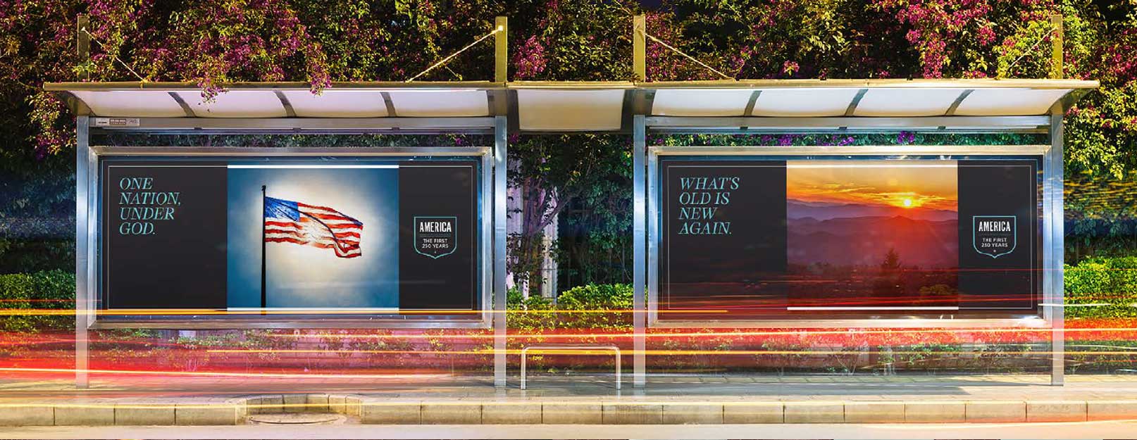 American flag poster at a bus stop.