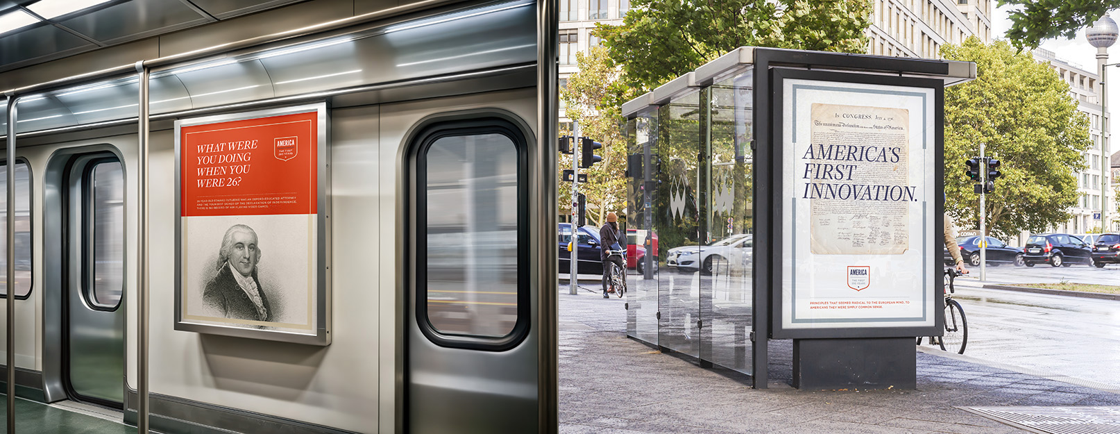 Images on a subway and bus stop.