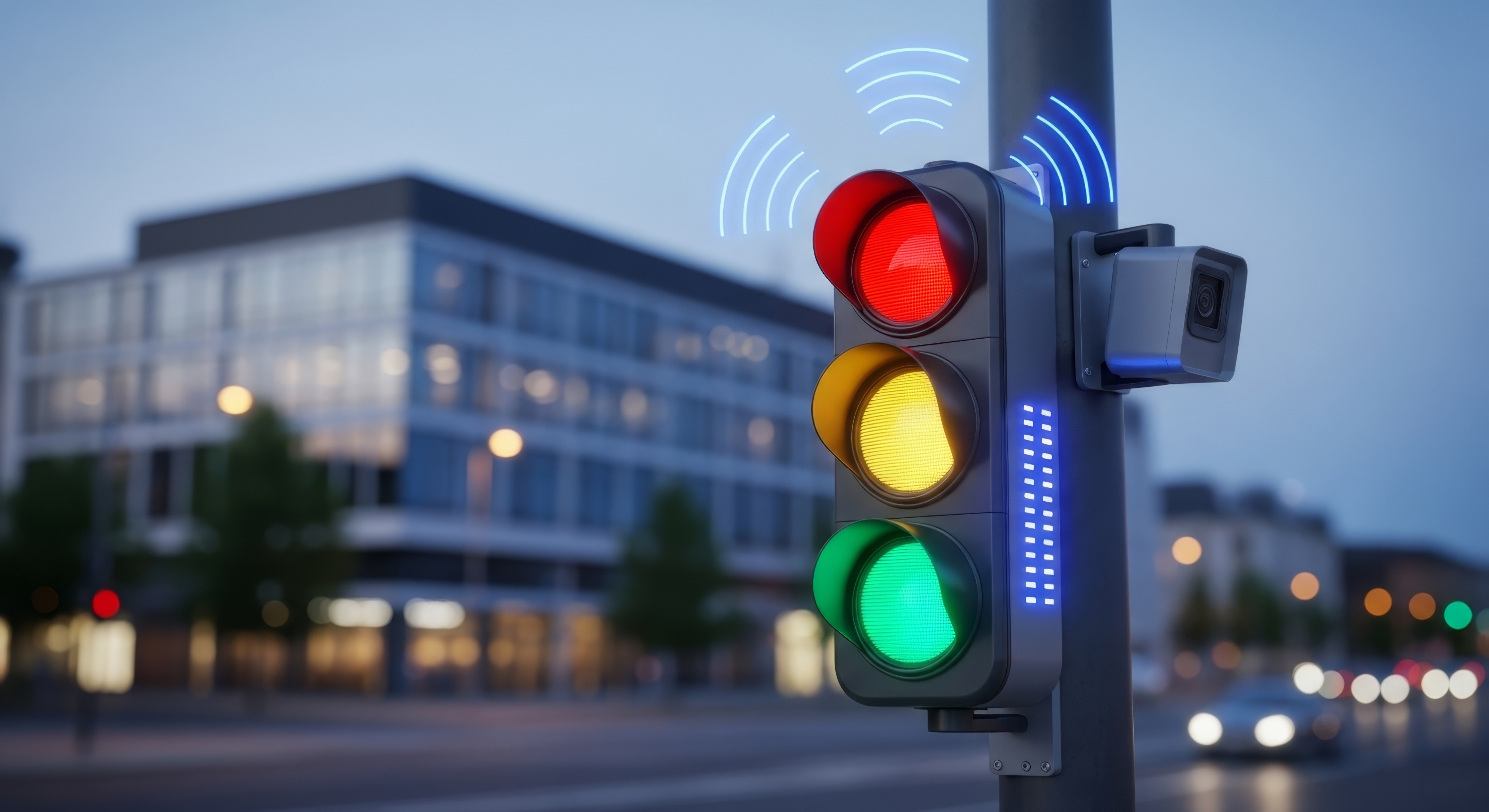 AI-equipped traffic signals used to improve traffic safety at an intersection (Adobe Stock).