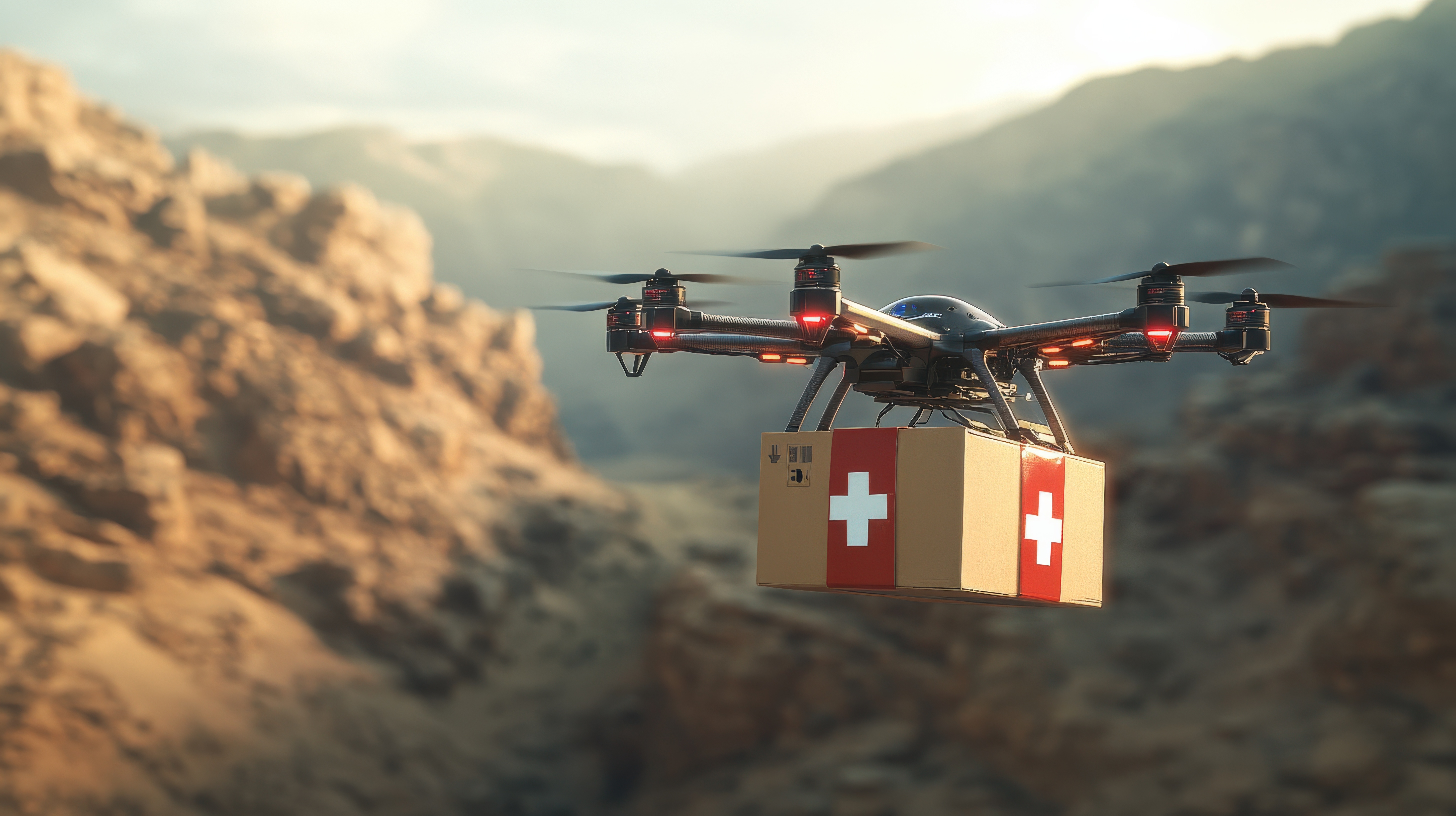 A drone transports essential medical supplies across rugged mountains during early morning light