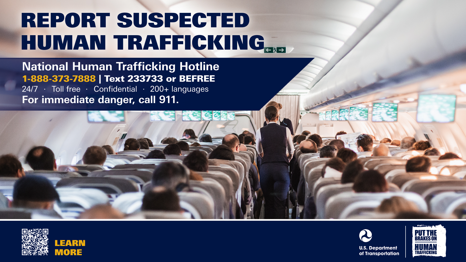 Airplane digital display graphic for reporting suspected human trafficking.