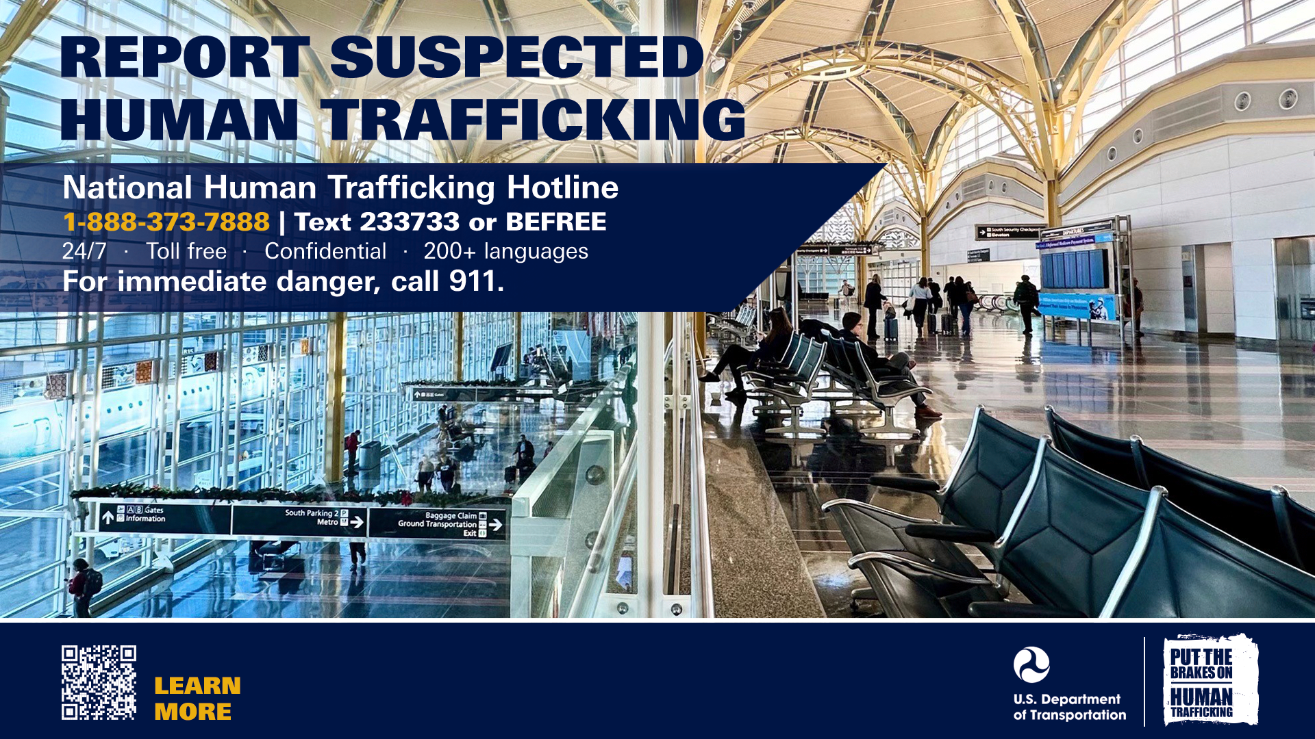 Airport digital display graphic for reporting suspected human trafficking.