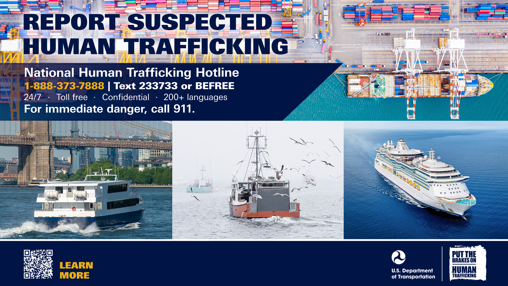 Maritime digital display graphic for reporting suspected human trafficking.