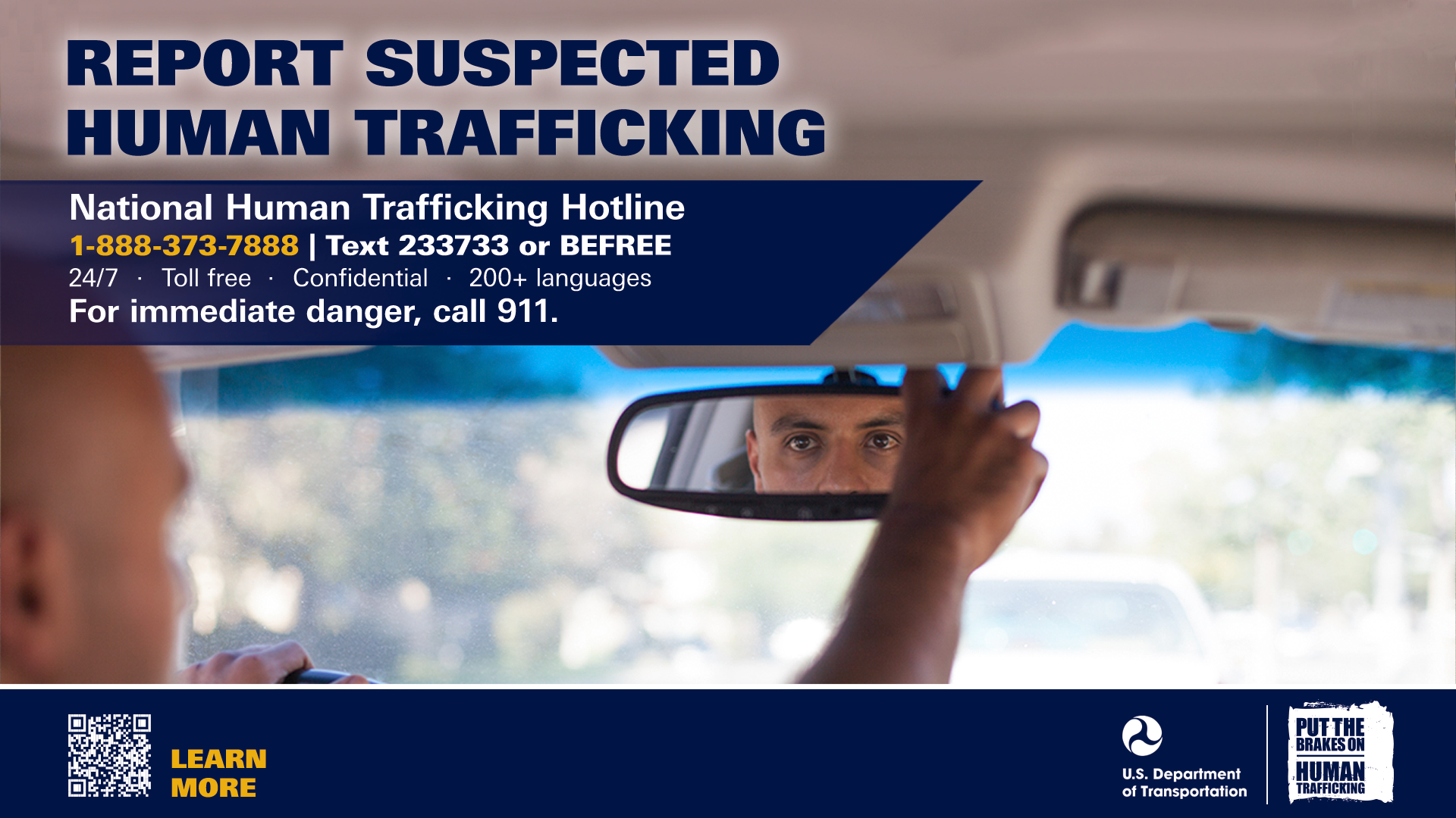Rideshare, taxi, and PCS digital display graphic for reporting suspected human trafficking.