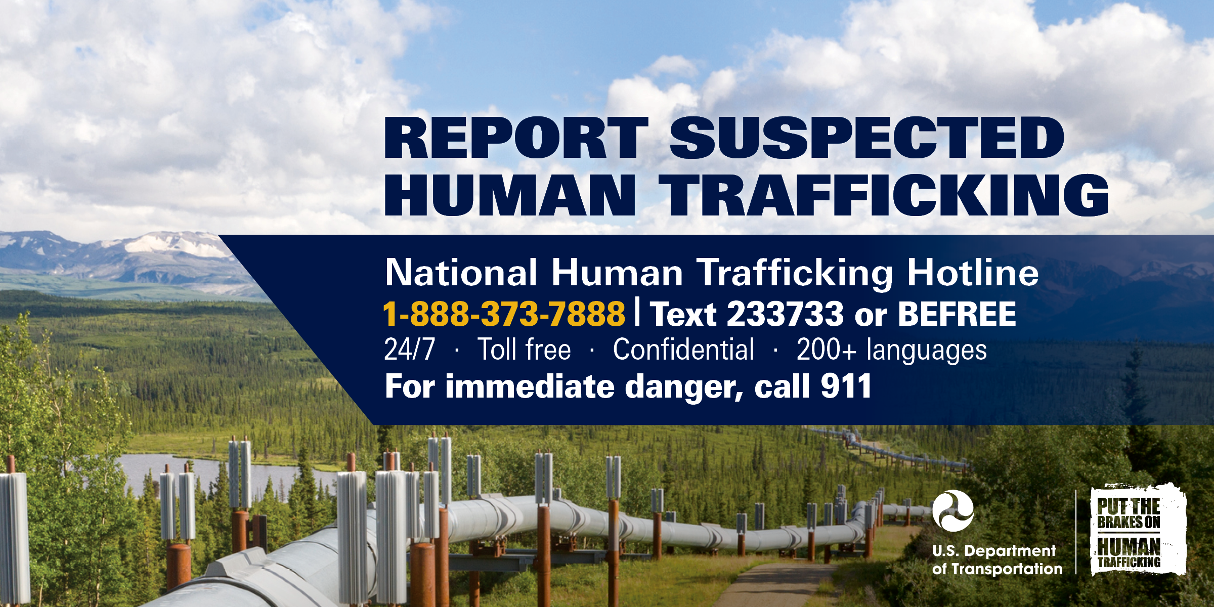 Pipeline transportation visor card for reporting suspected human trafficking.