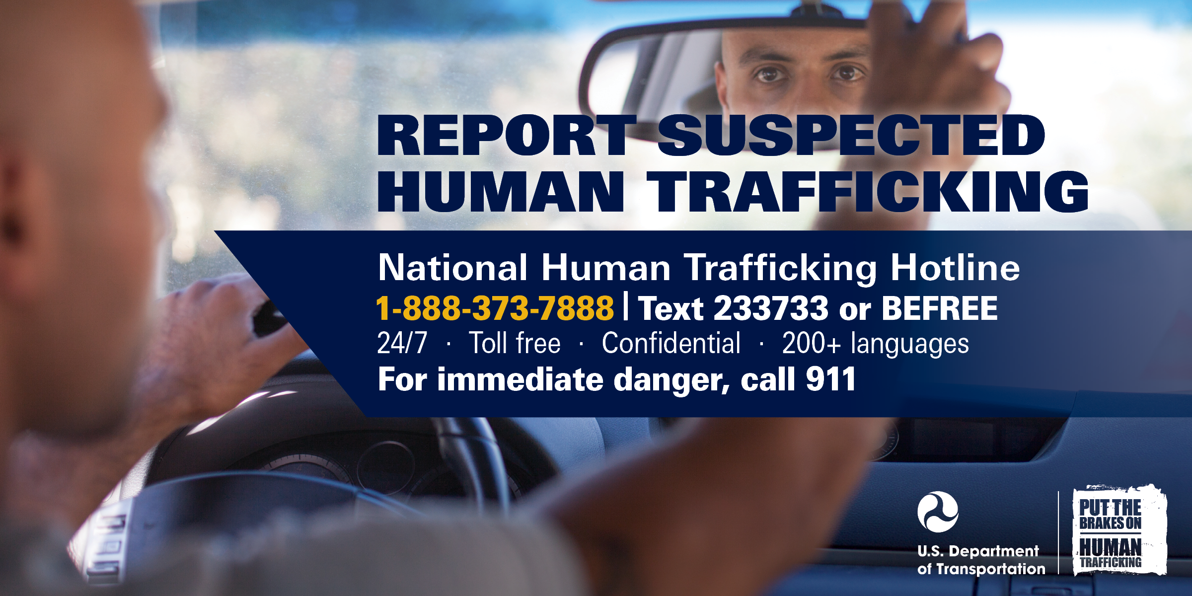 Rideshare, taxi, and private car service transportation visor card for reporting suspected human trafficking.