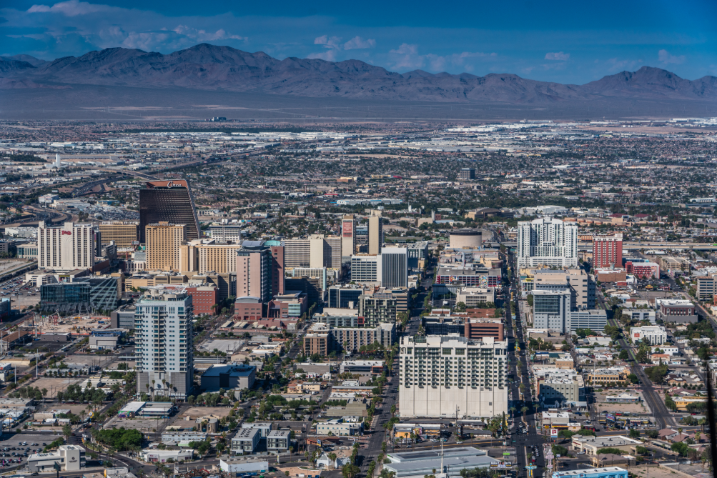 Aerial view of Las Vegas, Nevada, around Fremont Street (Adobe Stock).