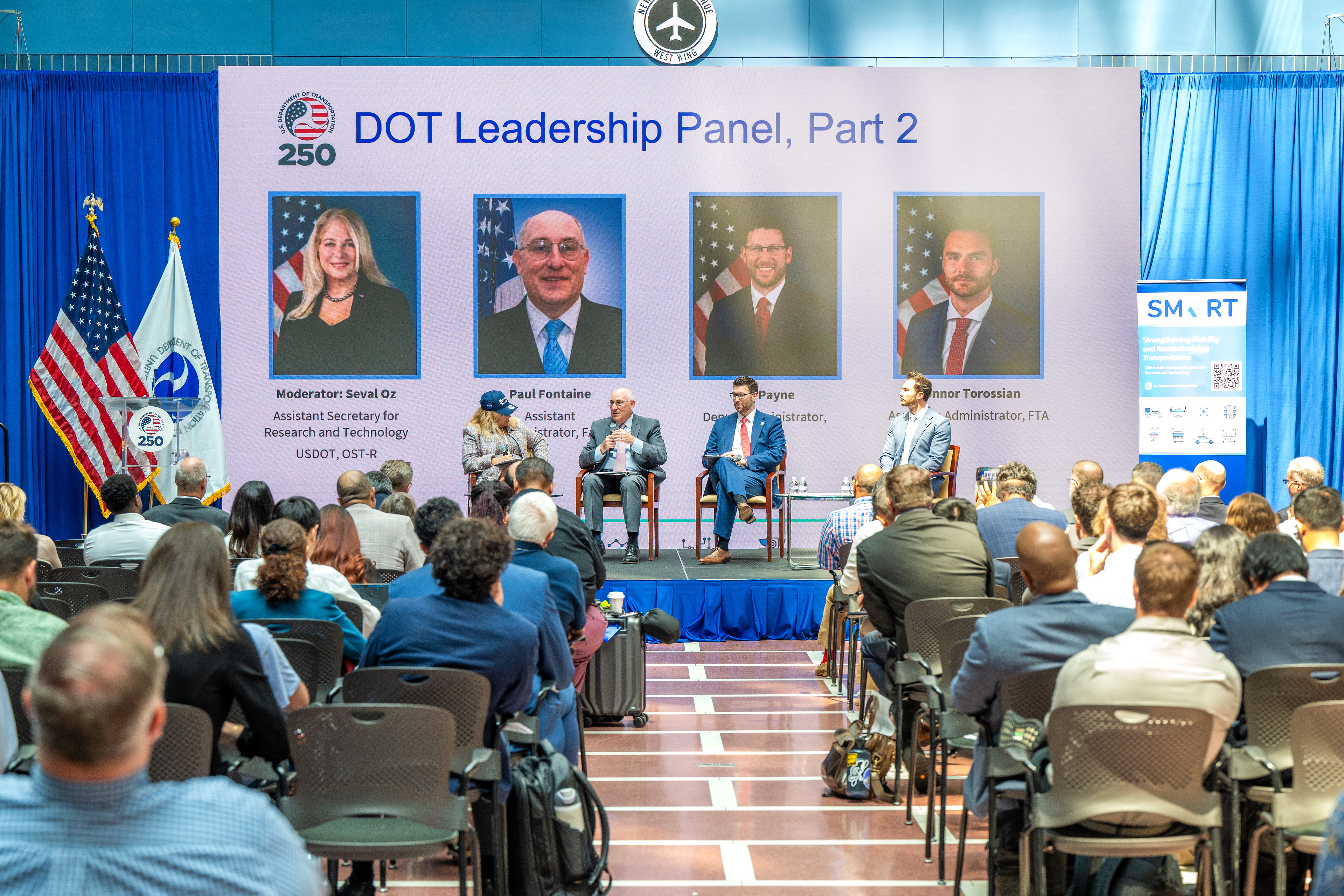 From left to right: Seval Oz (Assistant Secretary for Research & Technology), Paul Fontaine (Assistant Administrator, FAA), Jay Payne (Deputy Administrator, FHWA), and Connor Torossian (Assistant Administrator, FTA) (U.S. DOT).