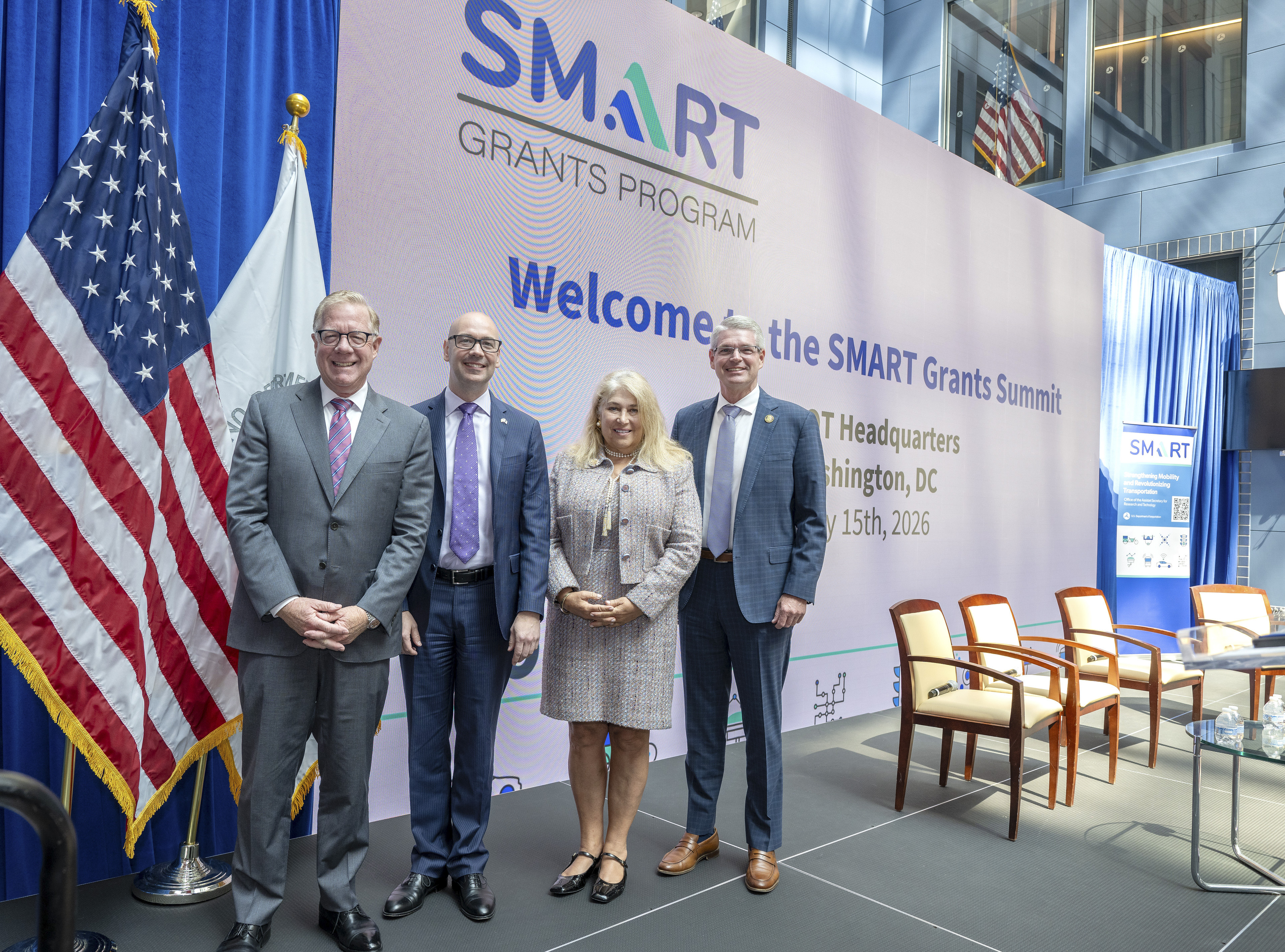 From left to right: David Fink (Administrator, FRA), Jonathan Morrison (Administrator, NHTSA), Seval Oz (Assistant Secretary for Research & Technology), and Derek Barrs (Administrator, FMCSA) (U.S. DOT).