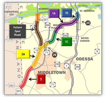 Four-lane limited access tolled highway (13.0 miles from existing US 301 at the Maryland/Delaware state line