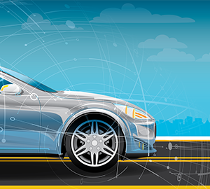 A side view of the front of a car traveling on the road with faint signal connectivity imagery.