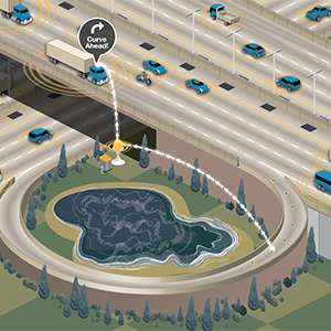 A digital illustration of a truck on the highway receiving a "Curve Ahead" signal.