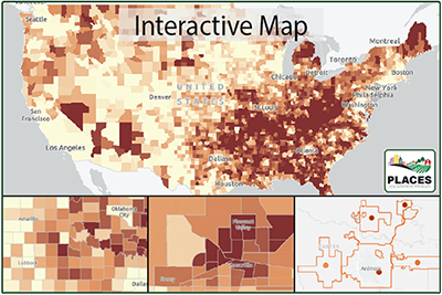 Screenshot of the CDC's PLACES user interface, showing several insets of data on a map of the United States.
