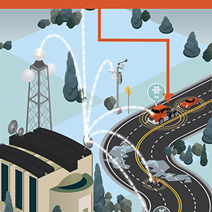 A digital illustration of two vehicles and a motorcycle approaching icy road conditions receiving a warning alert.