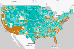 Map of the Unites States showing the Concentration of Roadway Fatalities by County.