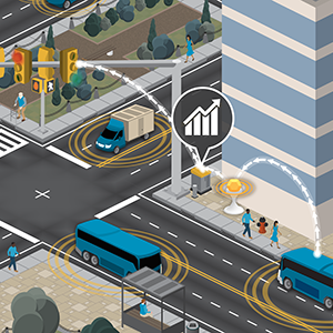 An illustration of an intersection with buses, pedestrians, and trucks. A traffic signal communicates with the surrounding vehicles to determine traffic signal priority.