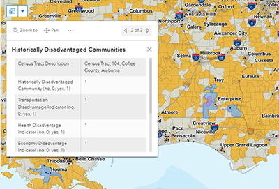 Screenshot of the Transportation Disadvantaged Census Tracts tool showing a map indicating that Coffee County, Alabama, is a historically disadvantaged community and has a transportation disadvantage indicator.