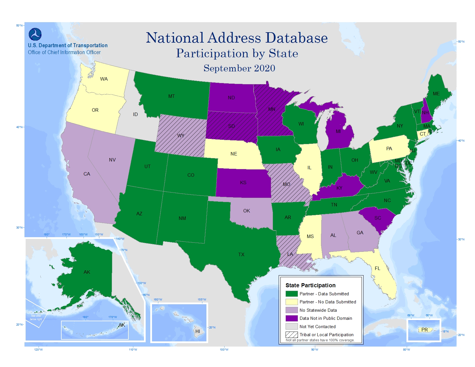 "The map includes a color-coded key that identifies the National Address Database (NAD) partner participation level by state."