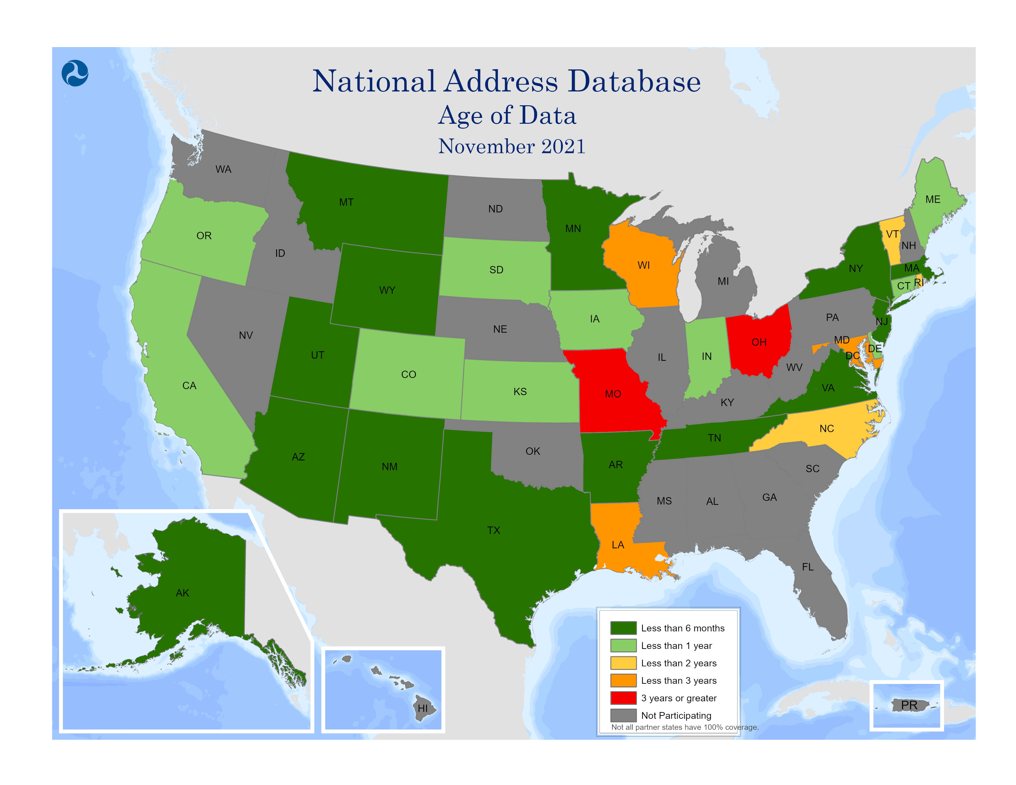 The map includes a color-coded key that identifies age of data submissions in the National Address Database (NAD) by state.