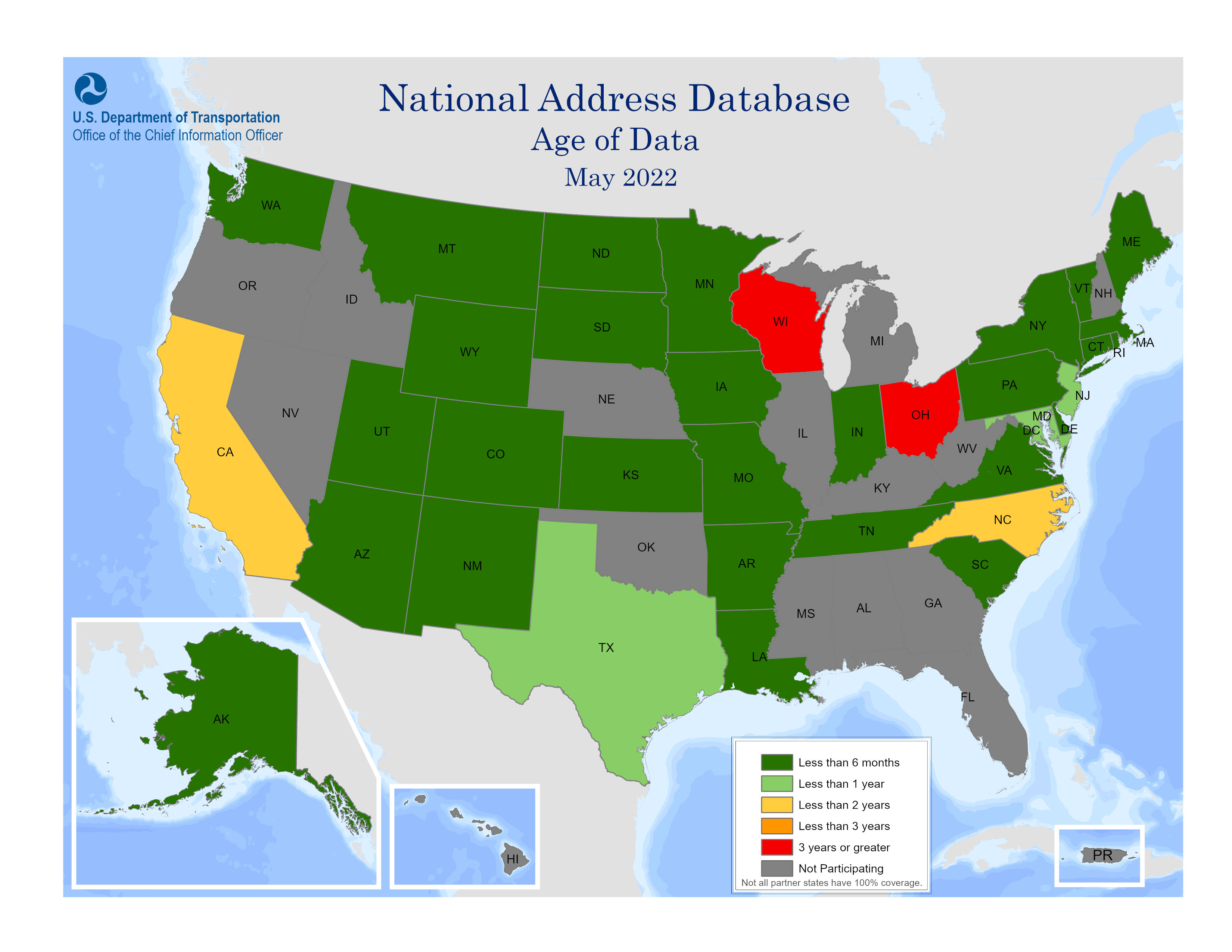 "The map includes a color-coded key that identifies age of data submissions in the National Address Database (NAD) by state."