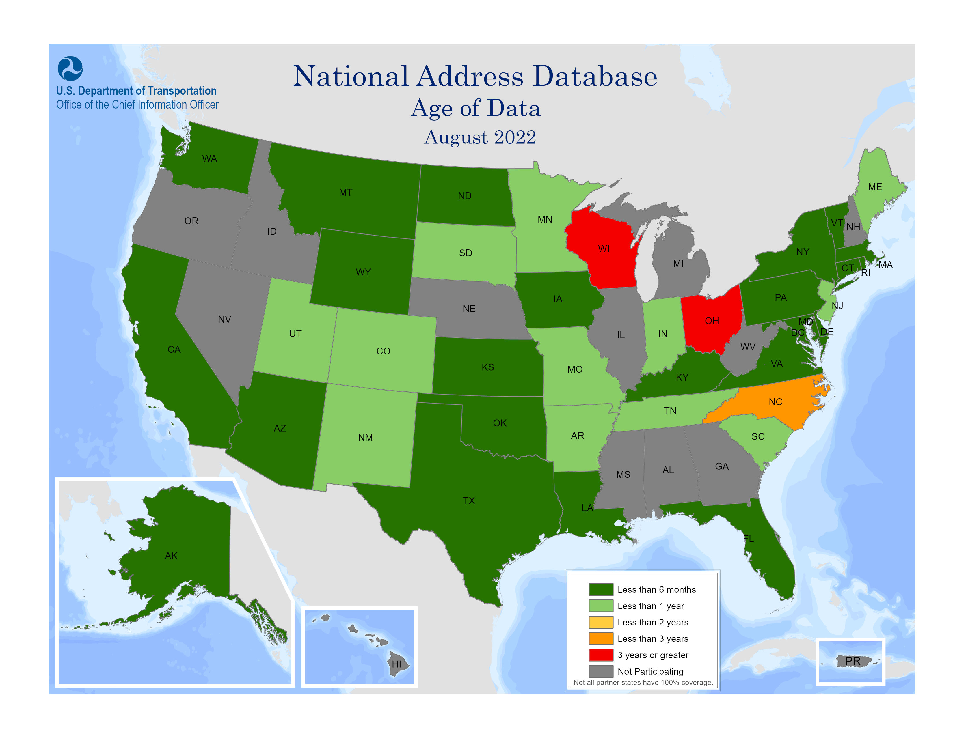 "The map includes a color-coded key that identifies age of data submissions in the National Address Database (NAD) by state"