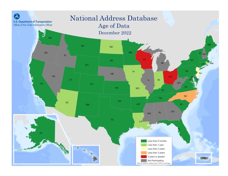 The map includes a color-coded key that identifies age of data submissions in the National Address Database (NAD) by state.