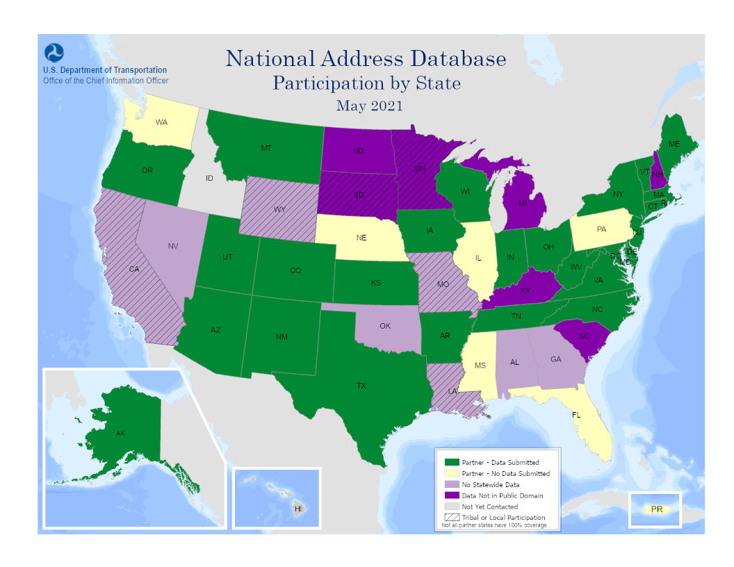 The map includes a color-coded key that identifies the National Address Database (NAD) partner participation by state.