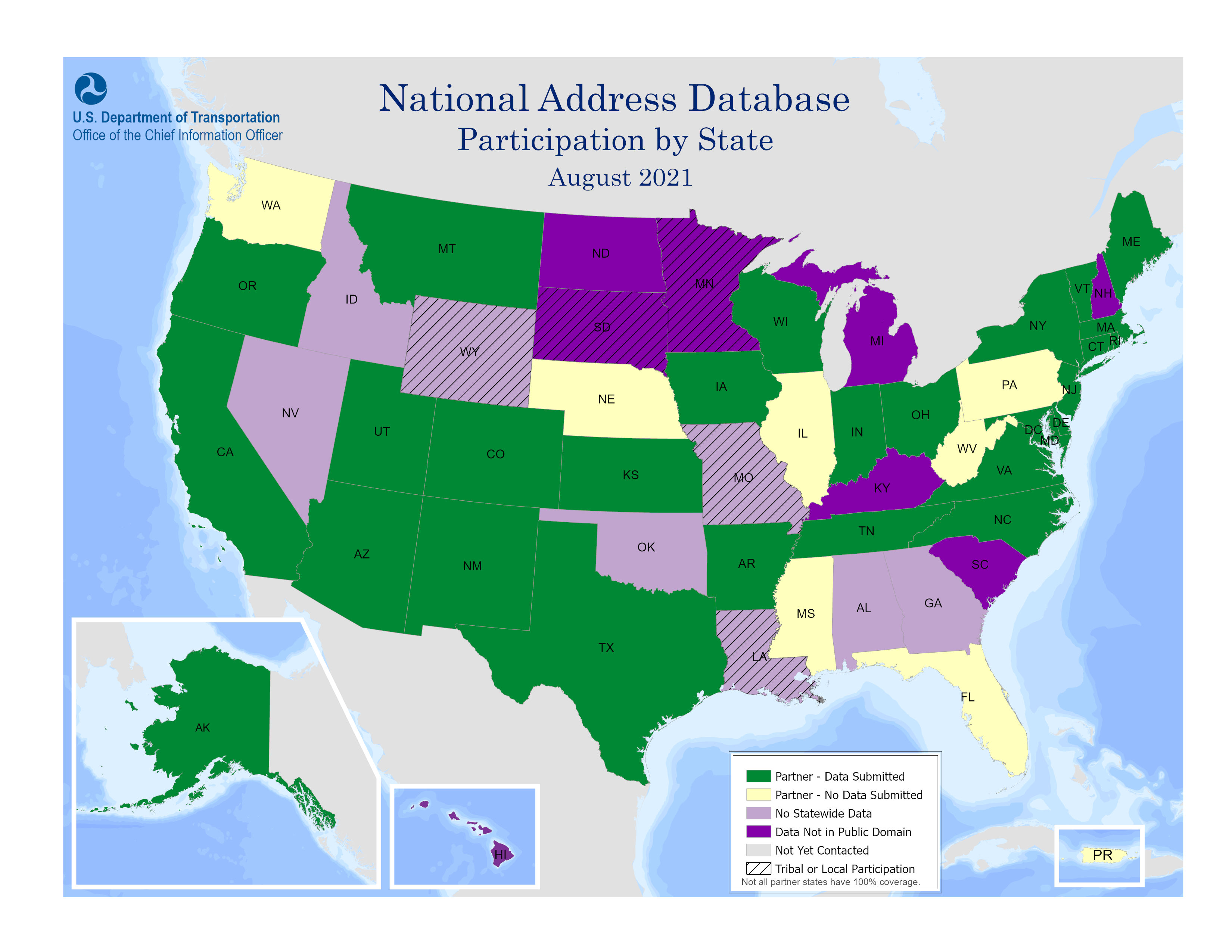 The map includes a color-coded key that identifies the National Address Database (NAD) partner participation by state.