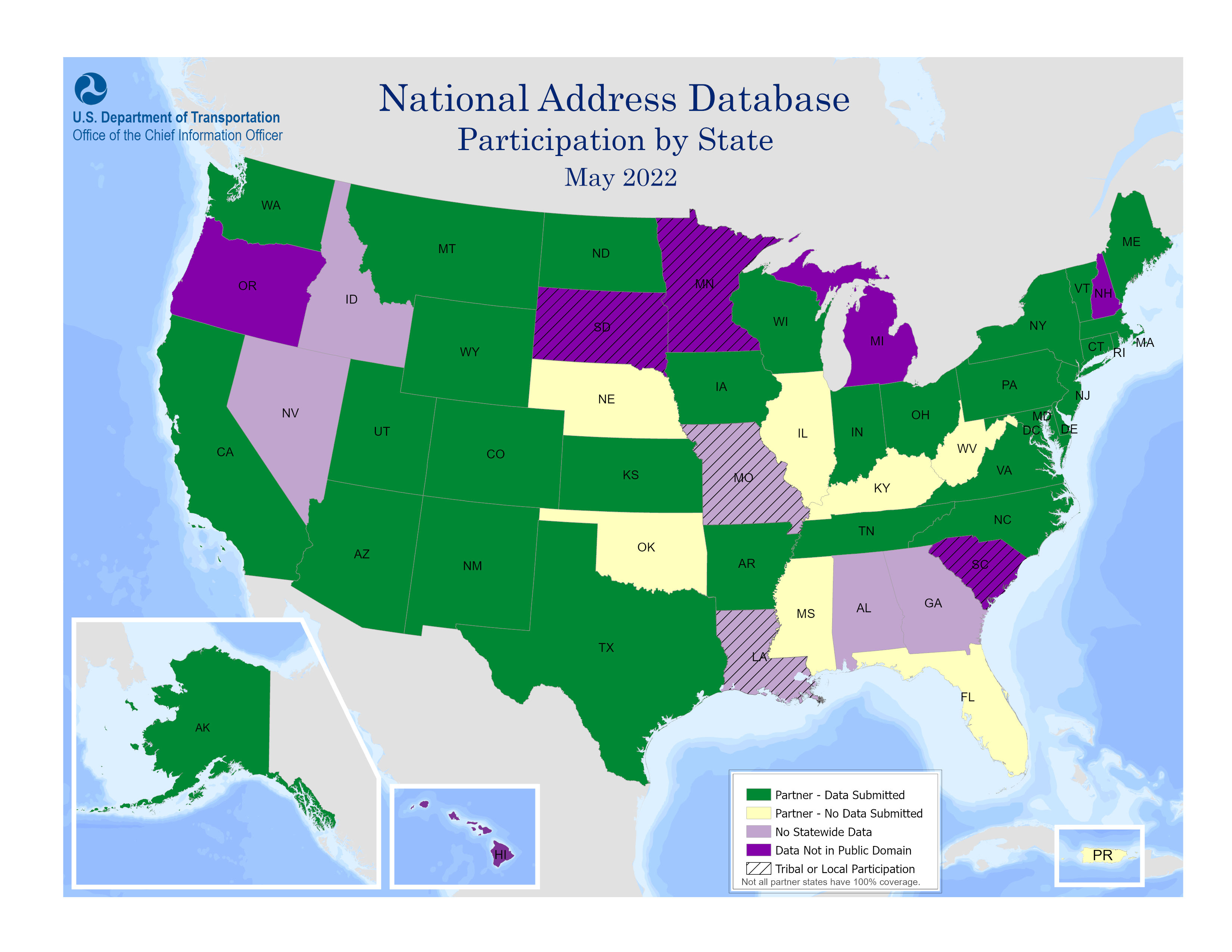 The map includes a color-coded key that identifies the National Address Database (NAD) partner participation by state.