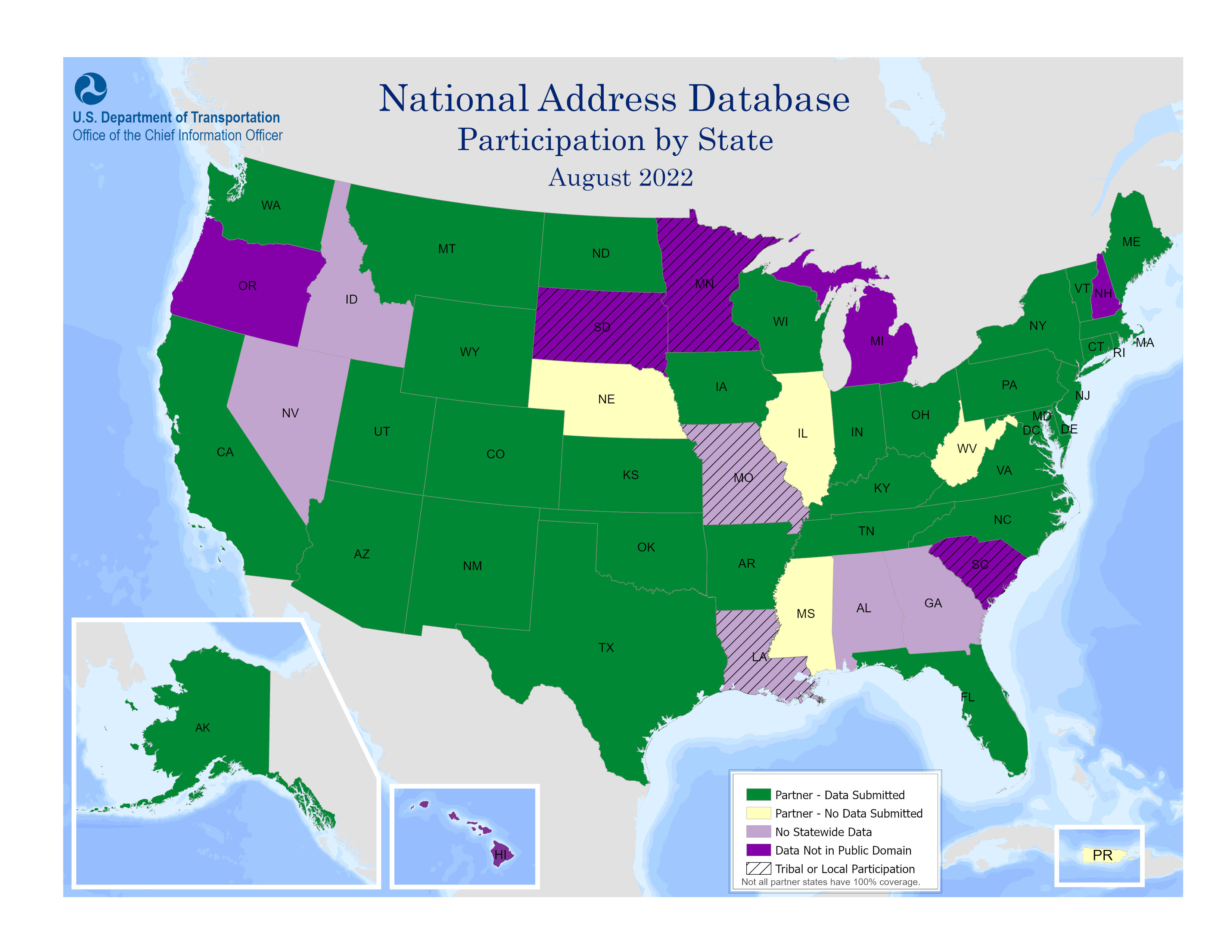 "The map includes a color-coded key that identifies the National Address Database (NAD) partner participation by state."