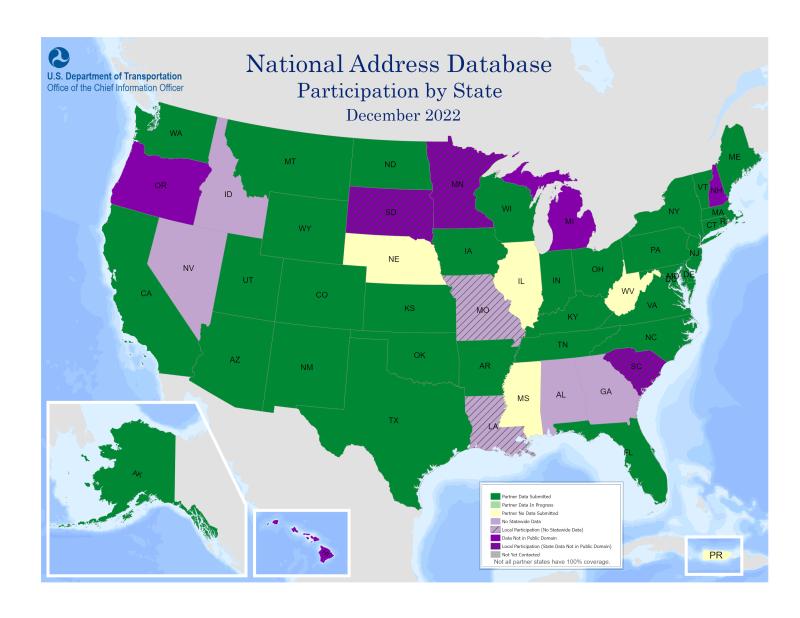 The map includes a color-coded key that identifies the National Address Database (NAD) partner participation by state.
