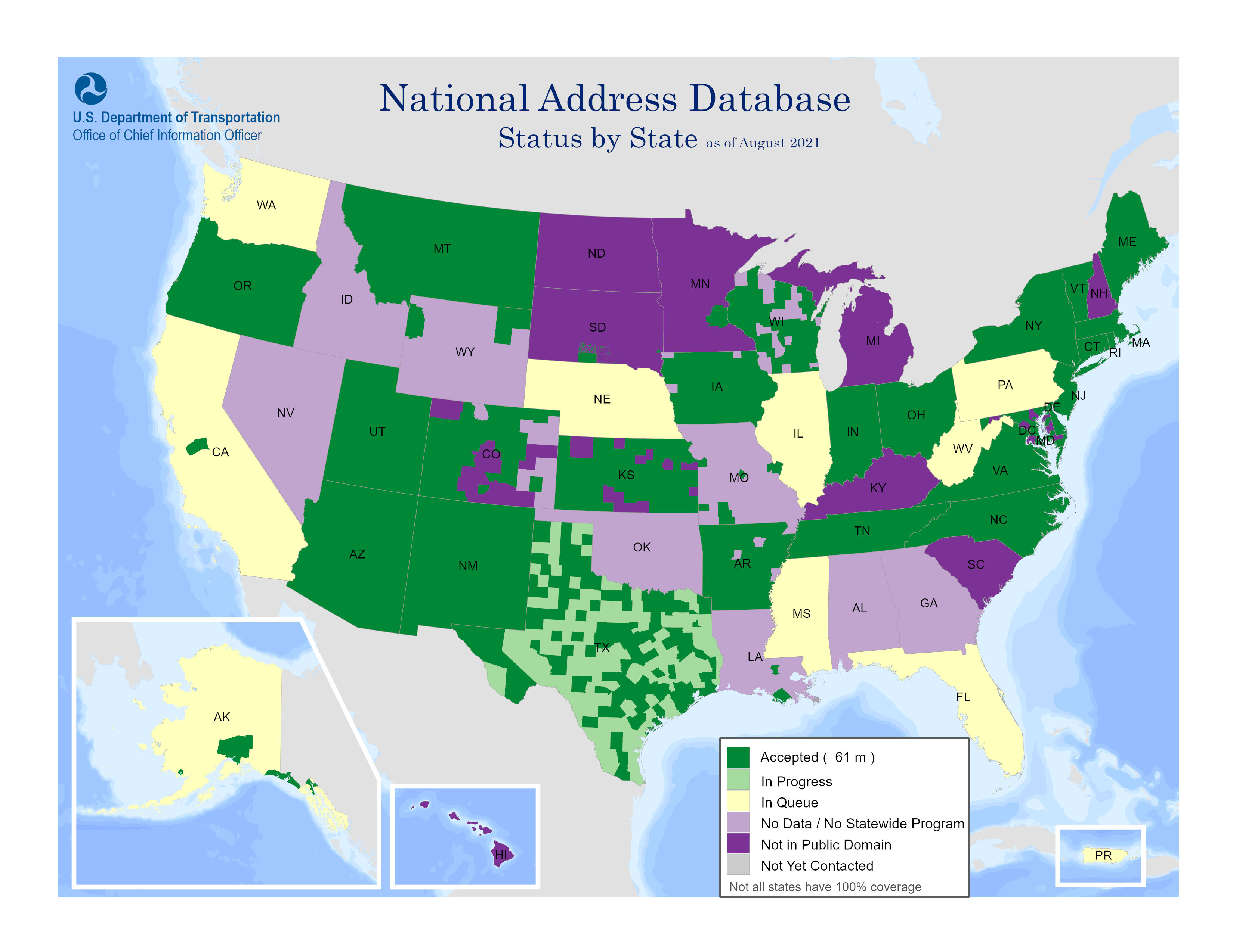 The map includes a color-coded key that identifies the National Address Database (NAD) processing status by county.