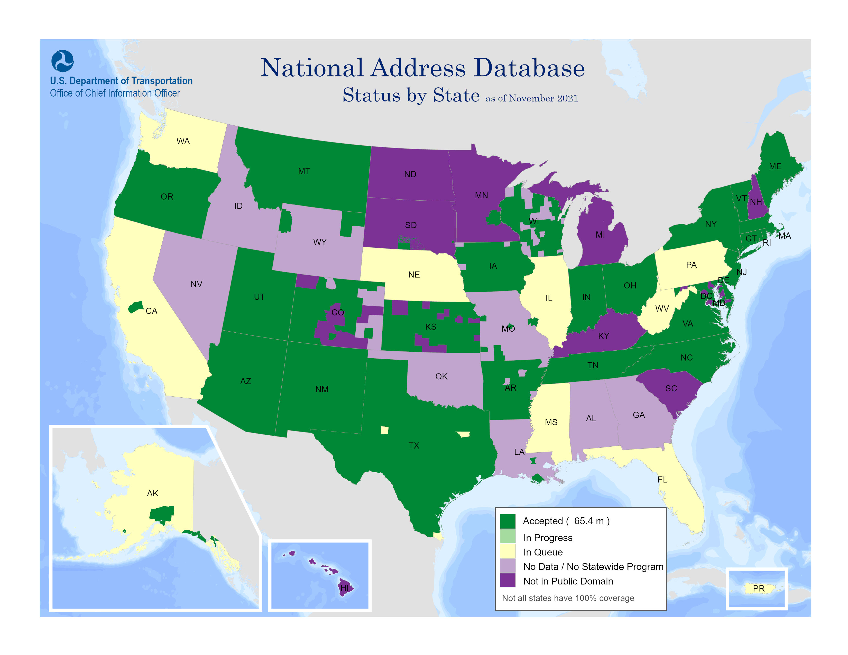 The map includes a color-coded key that identifies the National Address Database (NAD) processing status by county.