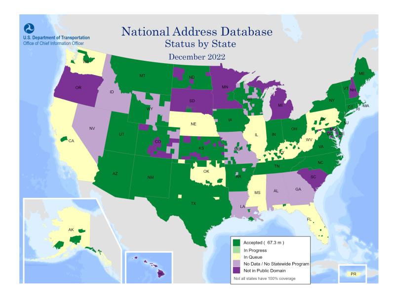 The map includes a color-coded key that identifies the National Address Database (NAD) processing status by county.
