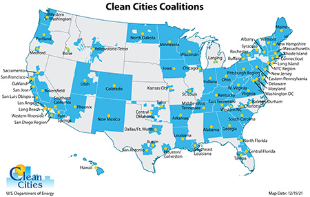 Map of the United States with dots showing the locations of Clean Cities Coalitions throughout the country.