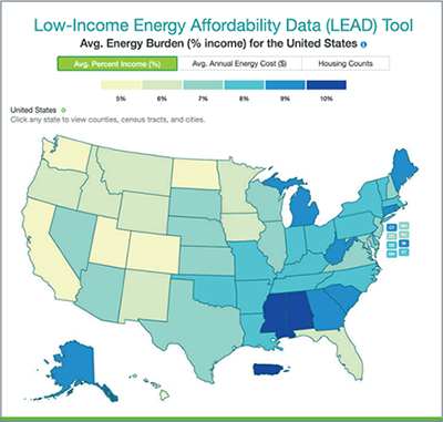 Screenshot of DOE's LEAD Tool map showing average energy burden in the United States.