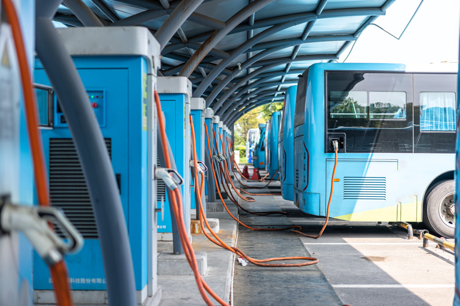 Row of identical electric buses parked under a canopy and plugged in to chargers